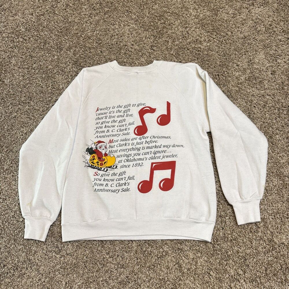 1991 BC Clark Christmas Jingle Crewneck Sweatshirt Vintage USA M 90s White READ